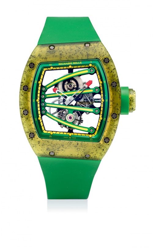 Lot 121, Richard Mille. An extremely fine and very rare, lightweight translucent composite limited edition skeletonised tourbillon tonneau-shaped wristwatch